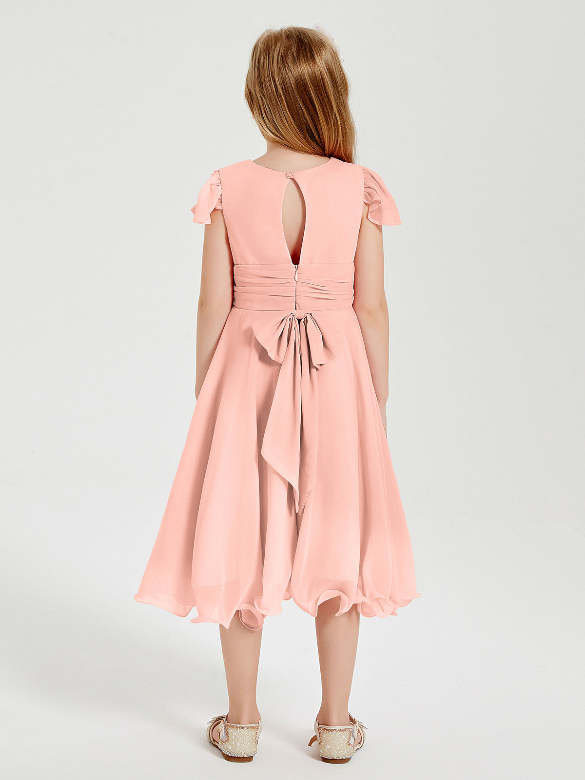 Chiffon Tea Length Junior Bridesmaid Dresses Coral